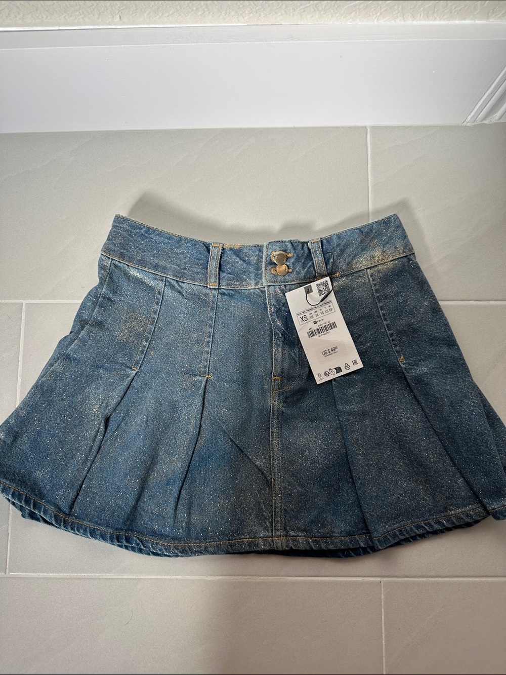 Zara Blue Denim Glitter Pleated Skater Skirt